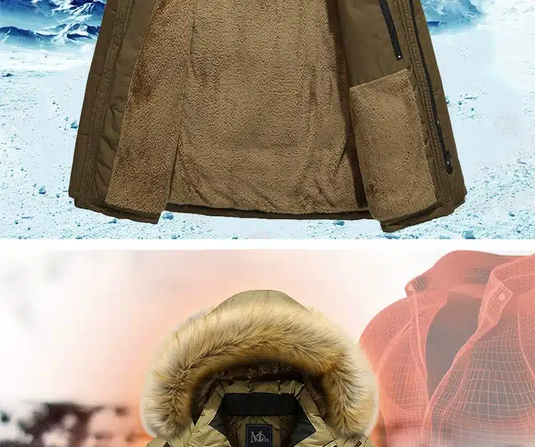 pruun meeste parka karvase voodriga ja kapuutsiga