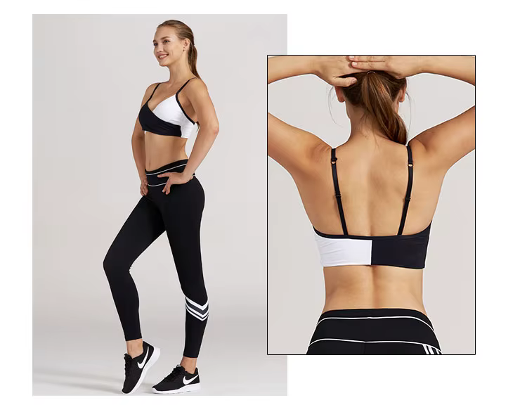 naine kannab must-valget push up spordirinnahoidjat ja musti retuuse