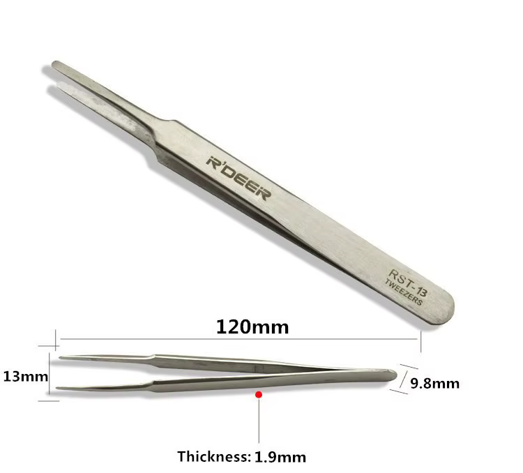 hõbedased täpsed pintsetid mõõtudega 120mm pikk, 13mm lai ja 1,9mm paks