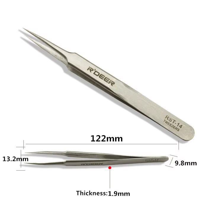metallist täpsed pintsetid, mille pikkus on 122 mm