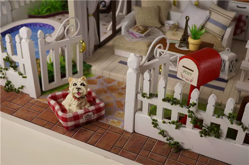 miniatuurne nukumaja aed koos koera, postkasti ja mööbliga