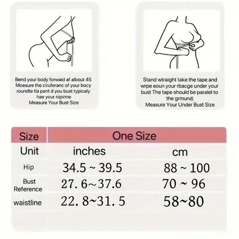 Juhend naiste rinnaümbermõõdu ja rinnakorvi suuruse mõõtmiseks konkreetse erootilise naiste haigla õe kostüümi jaoks. Tabel suurustega; puusa, rinna ja vööümbermõõdu mõõdud tollides ja sentimeetrites.
