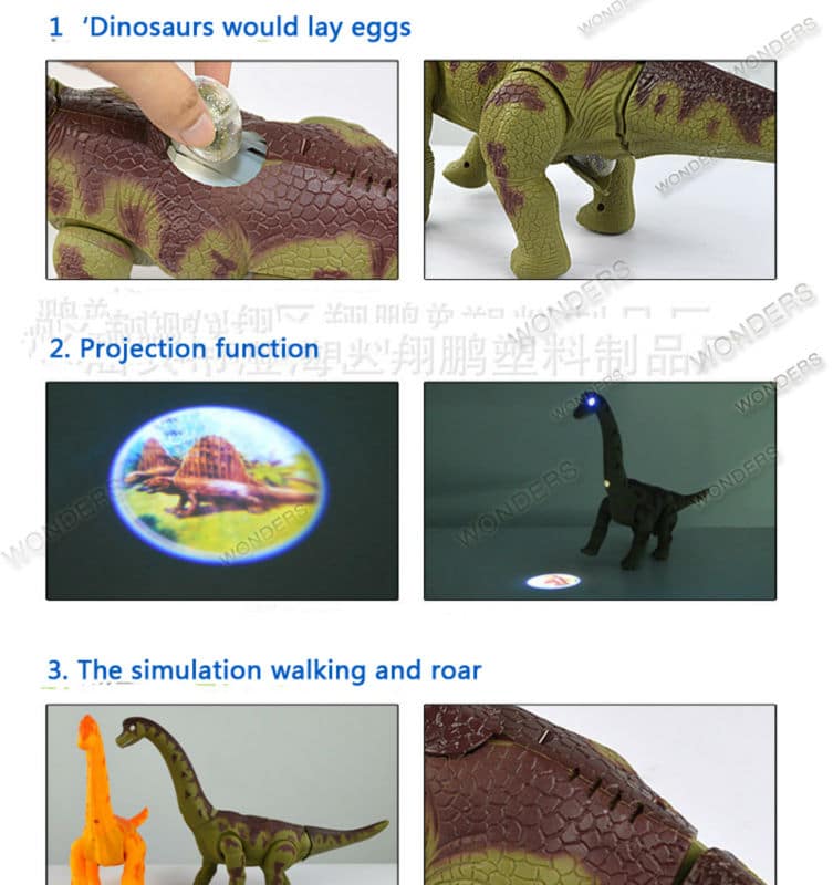 elektriline dinosaurus, mis muneb, projitseerib pilte ja liigub