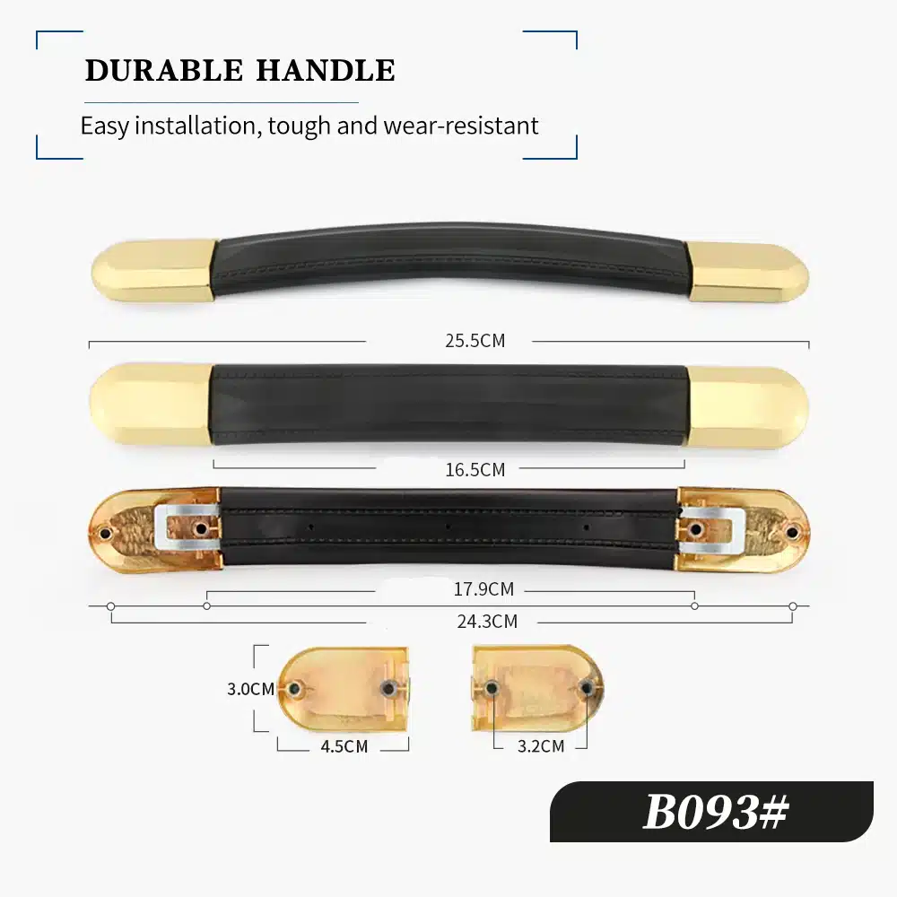 Kohvri või koti asendussang musta rihma ja kuldsete otstega, erinevad mõõtmed illustreerituna valgel taustal.