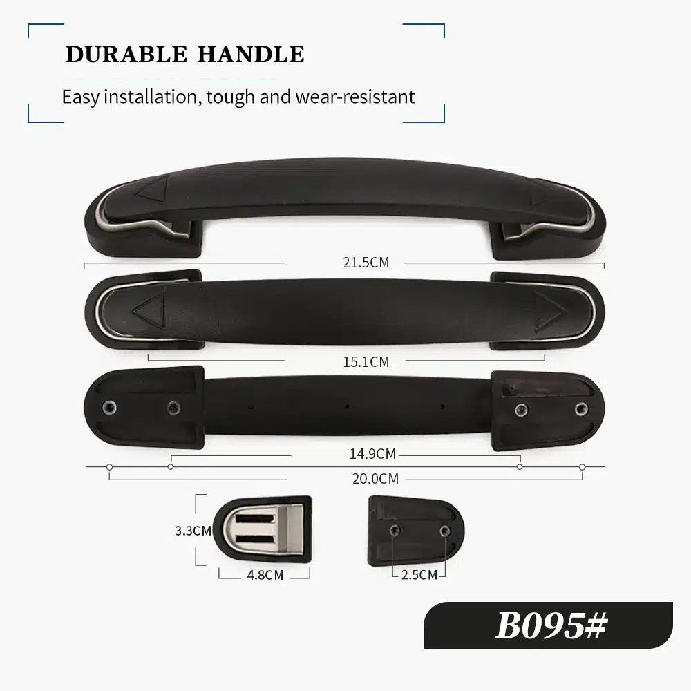 Must kohvri või koti asendussang, robustne ja hõlpsasti paigaldatav. Erinevad suurused ja osad on taustal tähistatud mõõtudega, mis näitab nende täpset mõõdet.