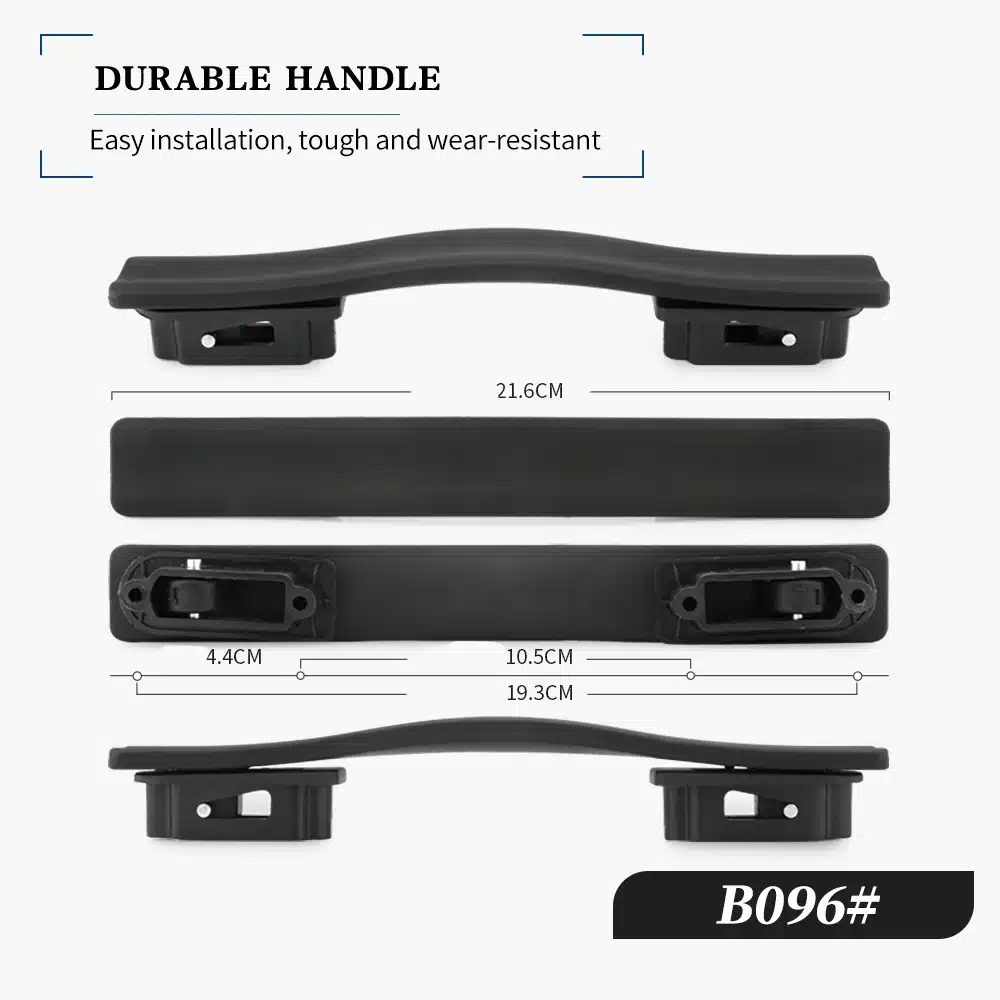 Must, tugev kohvri või koti asendussang, millel on vastupidav ja kulumiskindel disain. Sang on varustatud hõlpsasti paigaldatavate kinnitustega, mis on paigutatud heledale taustale koos täpsete mõõtmetega.