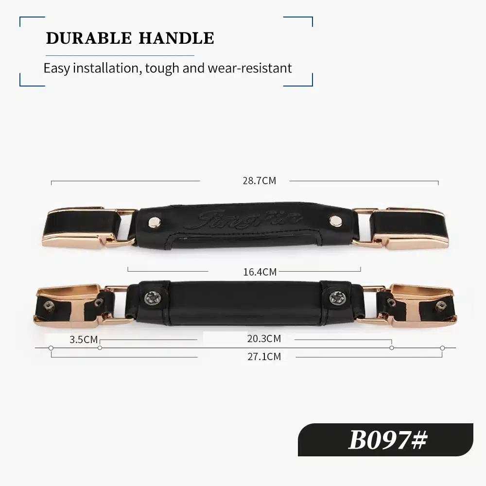 Kohvri või koti asendussang, must värv ja kuldsed kinnitused, näidatud mõõtudega valgel taustal.