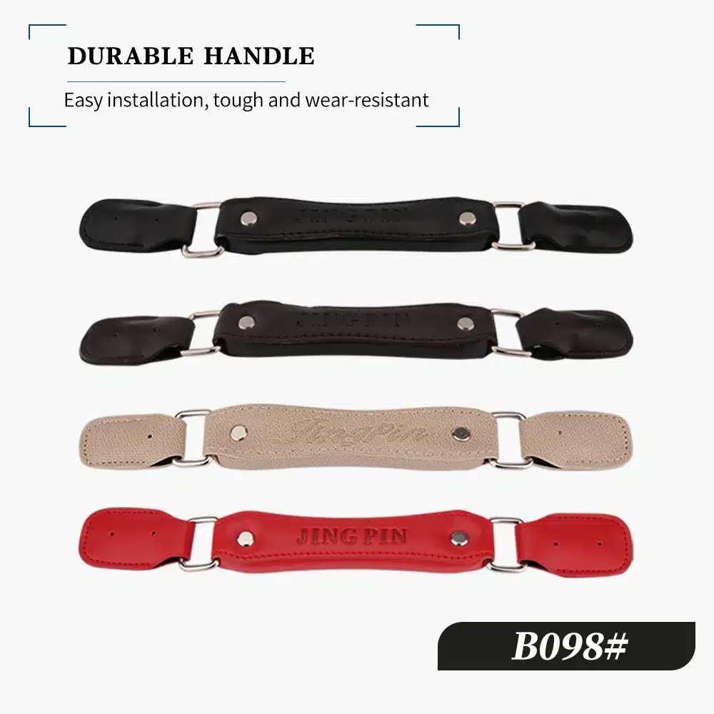 Neli erinevat värvi kohvri või koti asendussanga: must, tumepruun, beež ja punane, vastupidavast materjalist, valgel taustal.