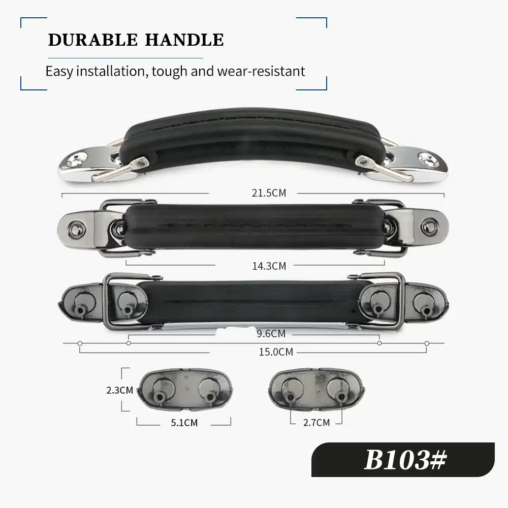 Must nahast ja metallist kohvri või koti asendussang koos mõõtmetega valgel taustal.