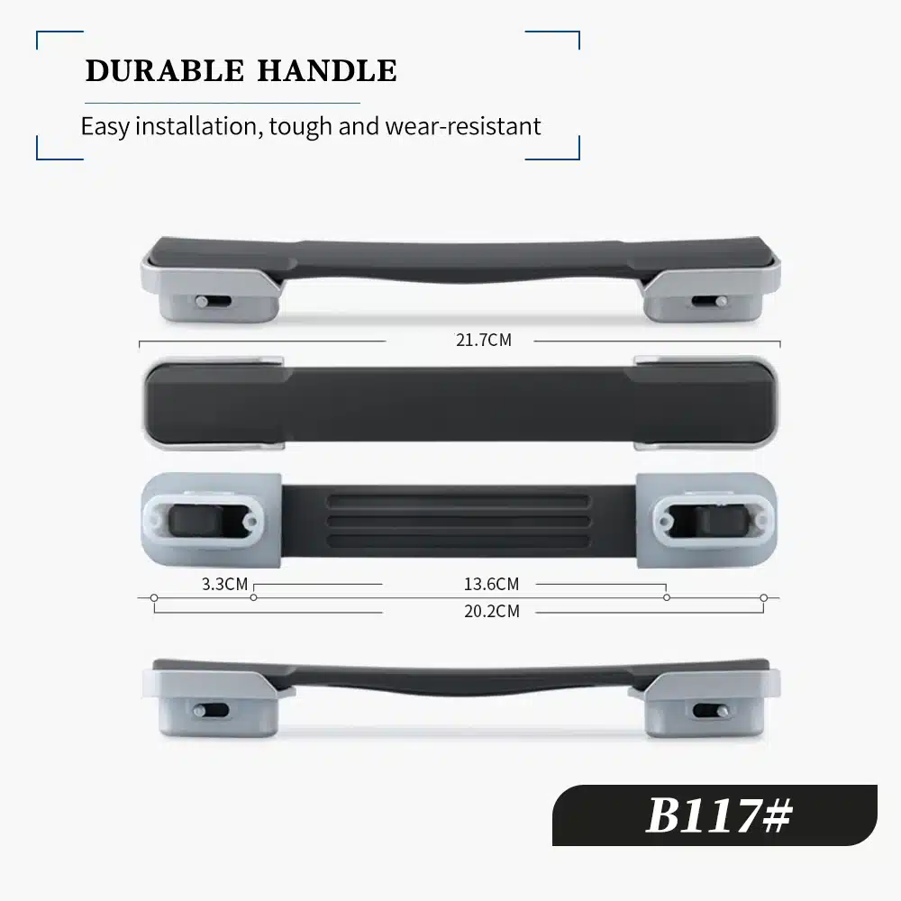 Kohvri või koti asendussang, must ja hall, vastupidav plastmaterjal, mille mõõtmed on 21.7cm pikk, 3.3cm lai ning mugav haare, heledal taustal.