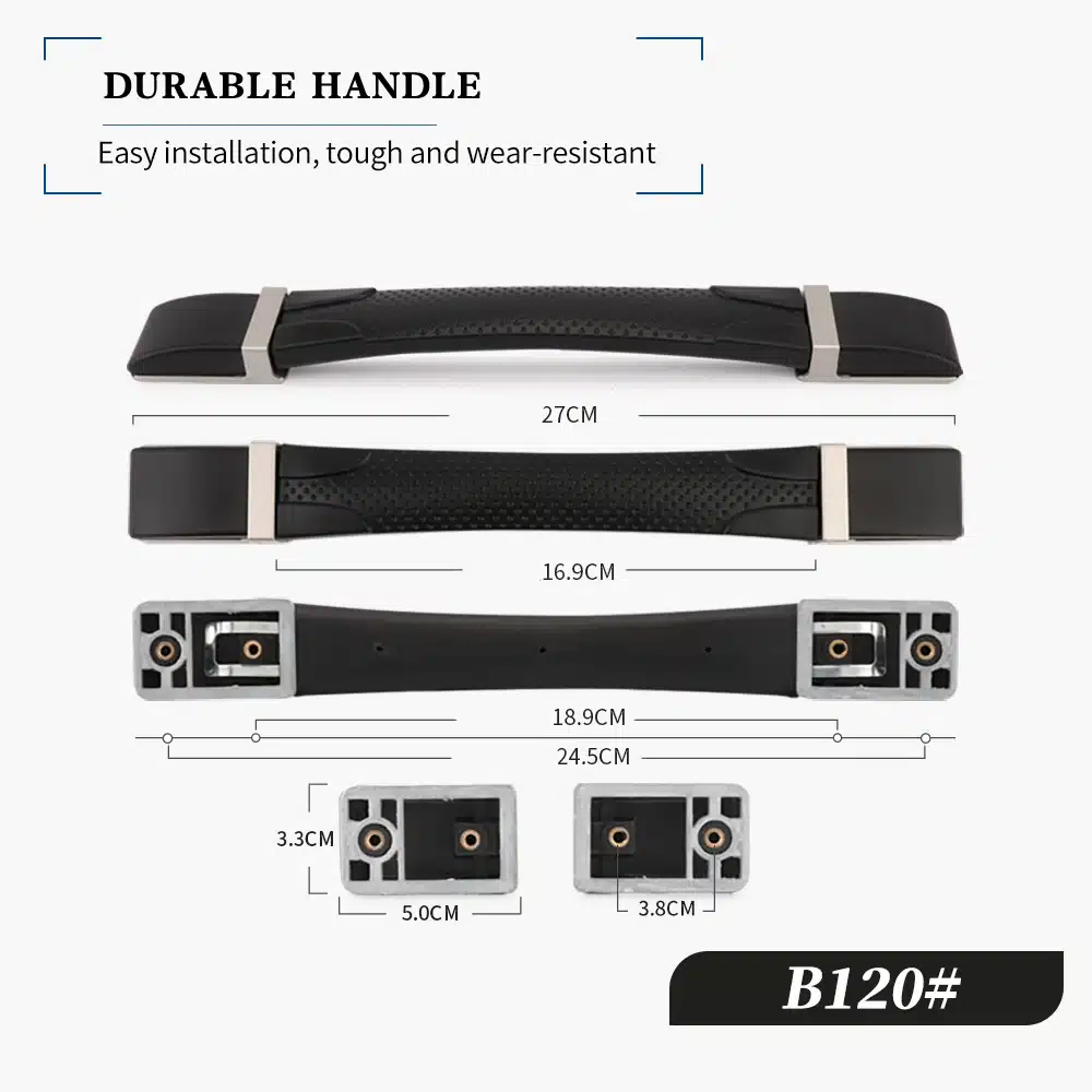 Kohvri või koti asendussang musta värvi ja hõbedaste detailidega, mõõtmetega 27 cm, 16.9 cm ja 18.9 cm. Valmistatud vastupidavast materjalist ning sobib ideaalselt kulunud sangade asendamiseks.