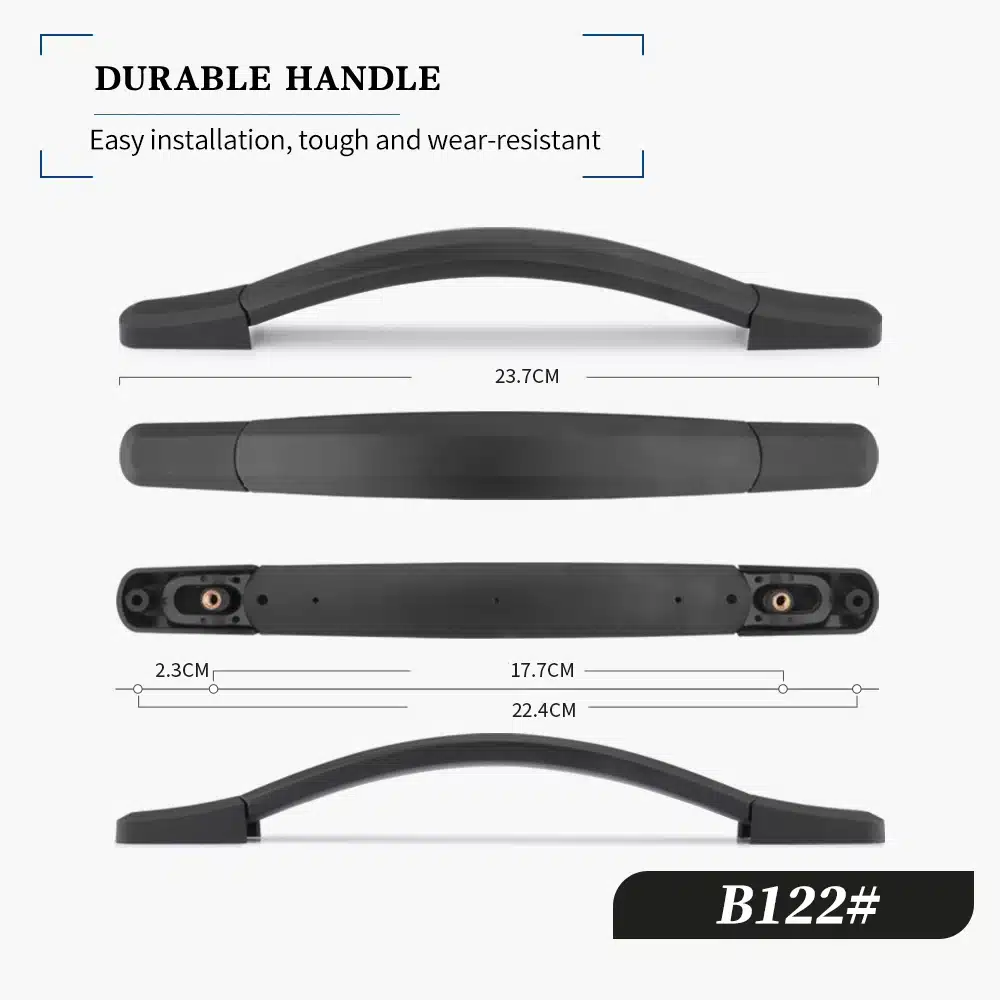 Must, vastupidav kohvri või koti asendussang koos mõõtmetega; valmistatud tugevast materjalist, sobib hõlpsaks paigalduseks.