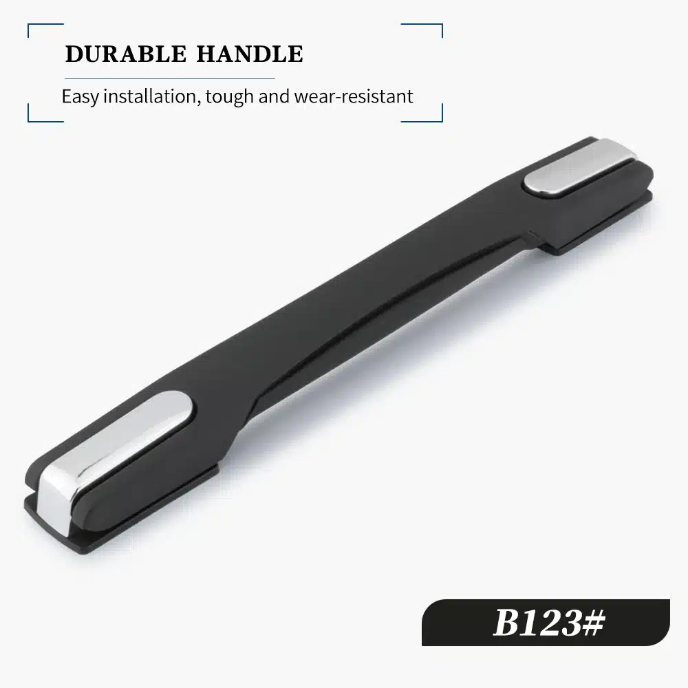 Must ja hõbedane kohvri või koti asendussang, vastupidav ja kulumiskindel disain, taustal hele pind.