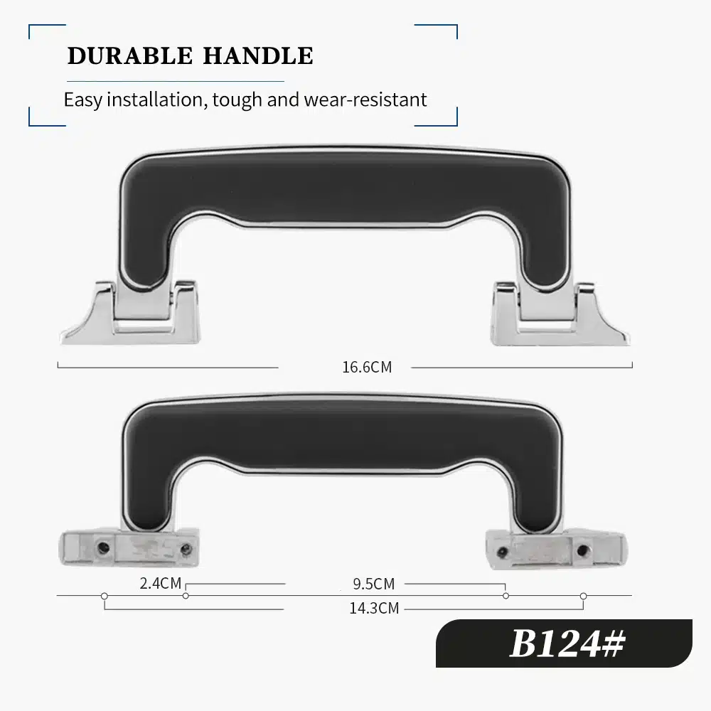 Must Kohvri või koti asendussang hõbedaste kinnitustega, metallmaterjalidest, millel on selgelt näha mõõtmed, paigaldatud valgele taustale.