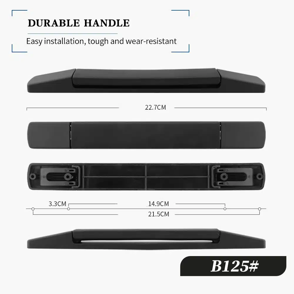 Must Kohvri või koti asendussang, näidatud erinevatest vaatenurkadest koos mõõtmetega. Vastupidav ja hõlpsasti paigaldatav musta värvi materjal igasugusele reisikotile sobitumiseks.