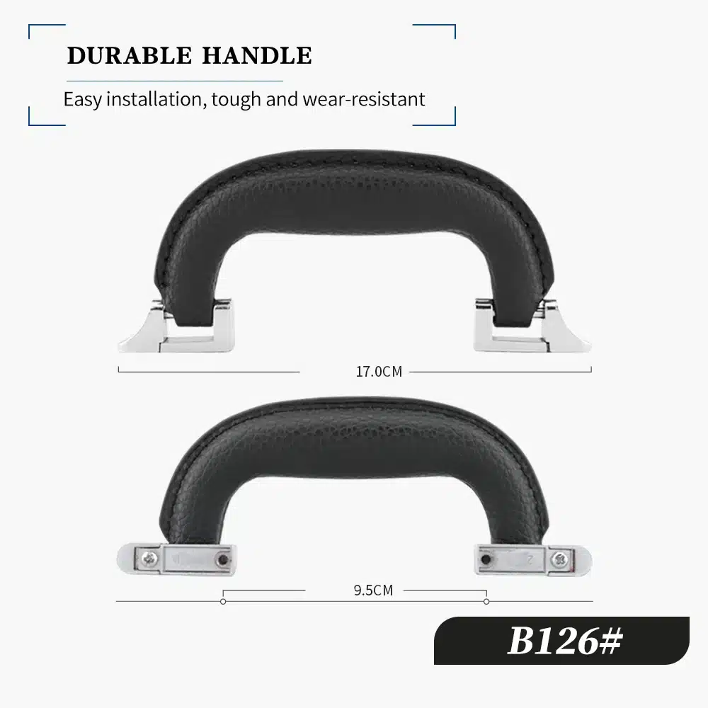 Must kohvri või koti asendussang, millel on hõbedased metallist kinnitused. Sang on kumer, valmistatud vastupidavast materjalist ja sobib ideaalselt kohvritele ja kottidele. Näidatud mõõtmetega: 17,0 cm pikk ja 9,5 cm lai.