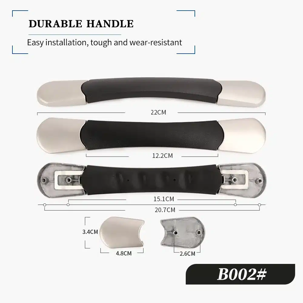 Mitmekomponentne kohvri või koti asendussang, millel on musta ja halli värvi kombinatsioon ning vastupidavatest materjalidest valmistatud ergonoomiline disain. Sang on jaotatud mitmesse ossa, et näidata mõõtmeid ja kinnituselemente.