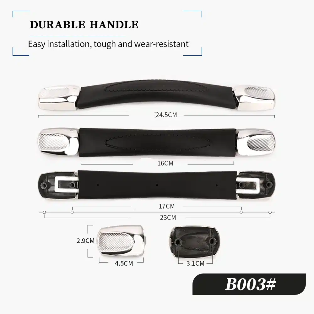 Kolm erineva suurusega musta kohvri või koti asendussanga koos hõbedaste otstega, asetatud valgel taustal. Mõõdud on näidatud sentimeetrites.