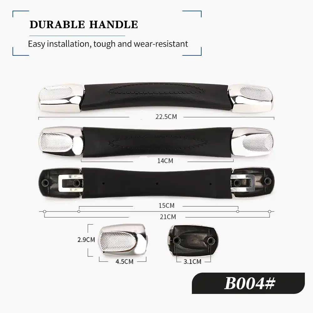 Kohvri või koti asendussang, must ja hõbedane, erinevates suurustes, valge taust.