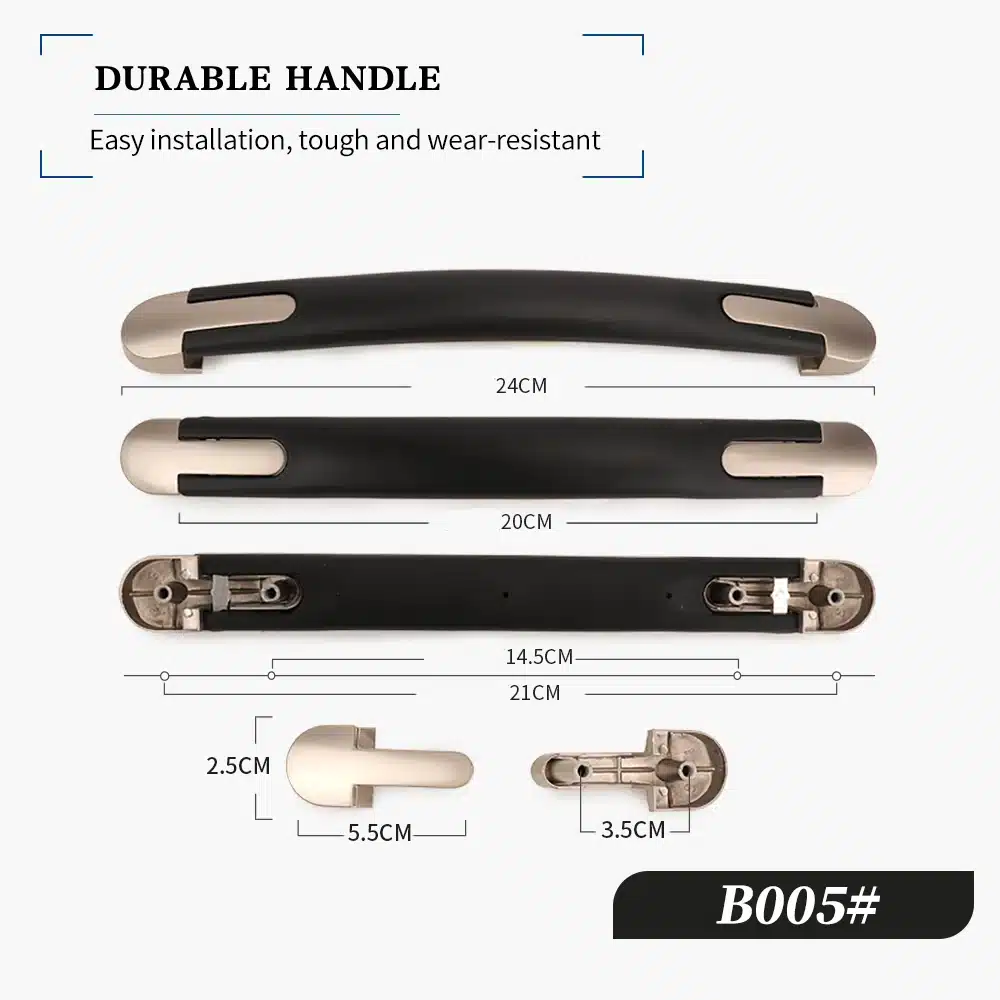 Pildil on must kohvri või koti asendussang, millel on hõbedased otsad. Taust on hele, rõhutades selgelt erinevaid mõõtmeid ja detaile, mis näitavad toote paigaldamise ja kasutamise lihtsust.