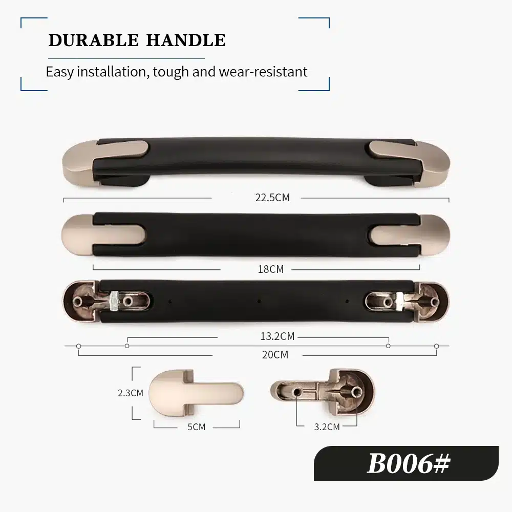 Kolm erinevas suuruses musta ja hõbedase viimistlusega kohvri või koti asendussanga valgetel taustal, millel on näha detailid ja mõõdud.