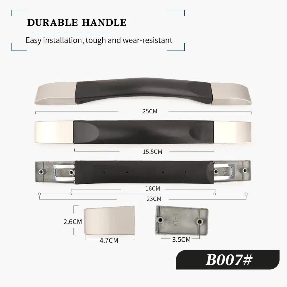 Kohvri või koti asendussang mustas ja hõbedases toonis, erinevate mõõtmetega, valgel taustal. Sangade tugev konstruktsioon on näidatud joonte ja numbritega, mis illustreerivad eri osade mõõte.