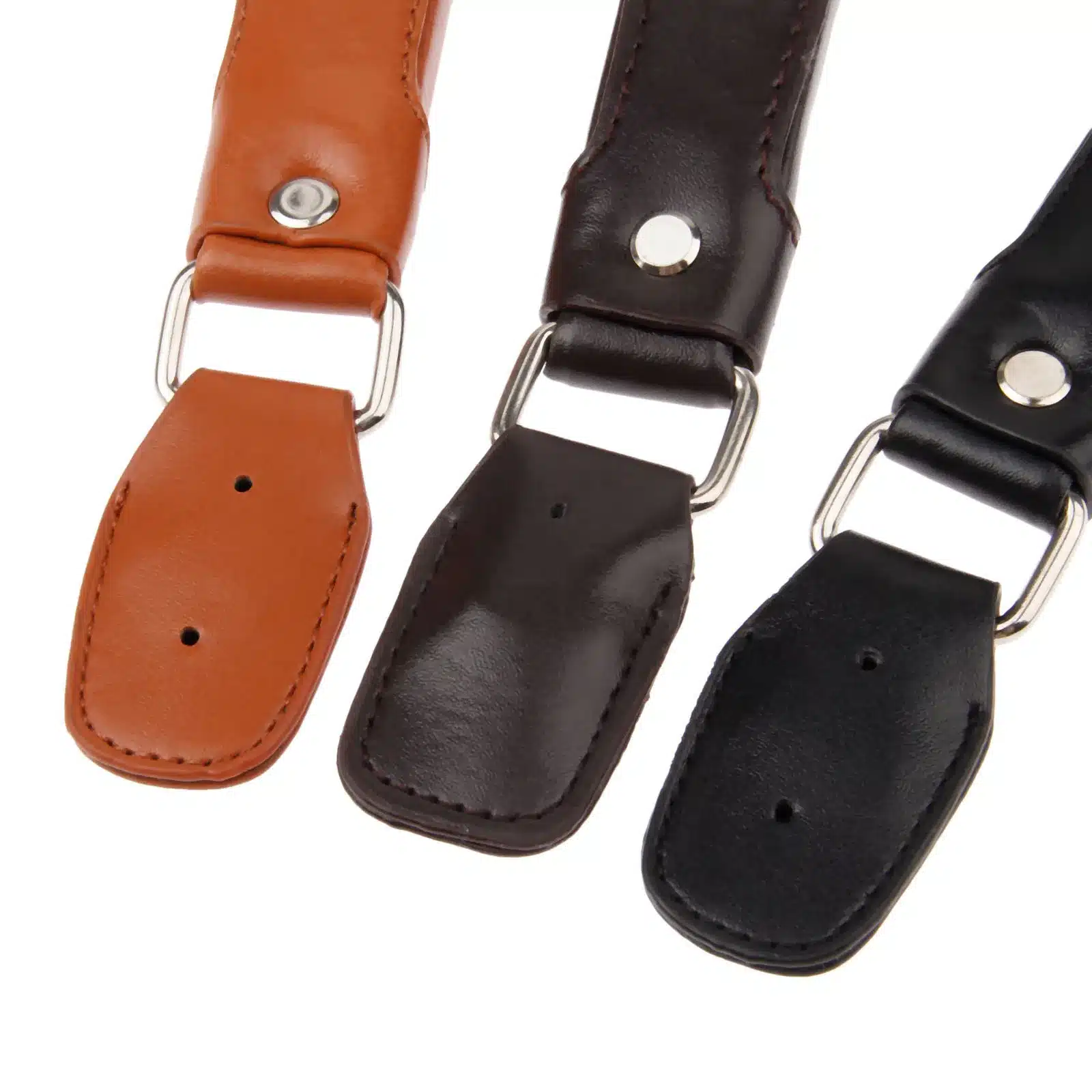 Kolm kohvri või koti asendussanga, värvides pruun, tumepruun ja must, metallist kinnitustega, valgel taustal.