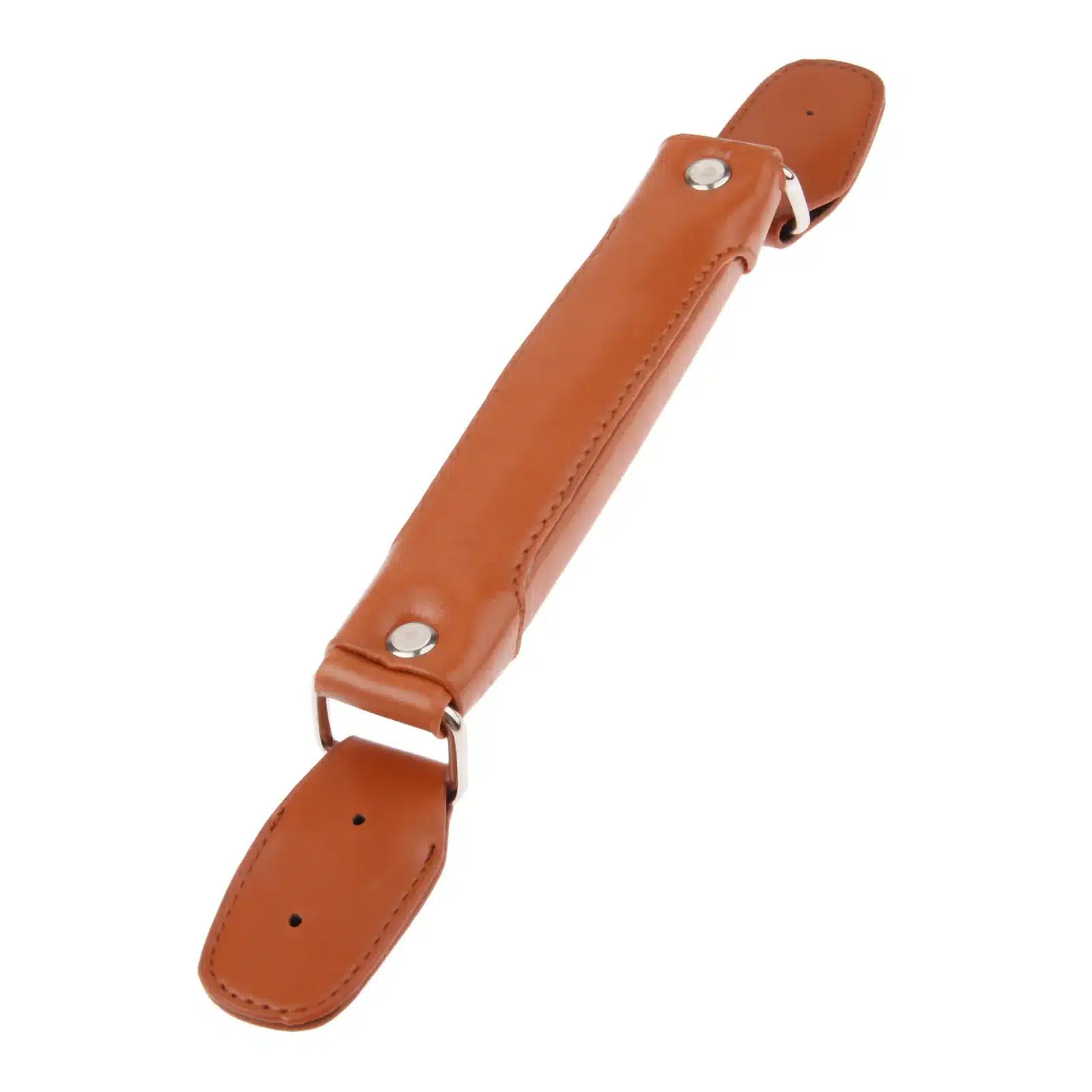 Pruunist nahast kohvri või koti asendussang, metallist kinnitustega kinnitatud, eraldatud valgel taustal.