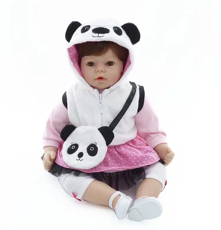 realistlik nukutüdruk panda kapuutsi ja kotiga, roosa-valge riietus