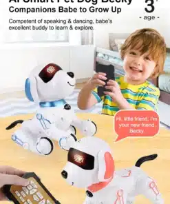 Naeratav poiss mängib puldiga juhitava robot koeraga, millel on valge ja punane disain ning LED-silmad elutoa taustal.