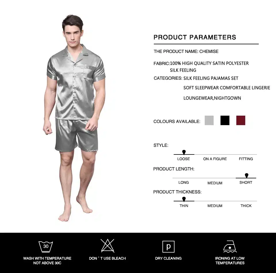Tony&Candice Satin Silk Pajamas Shorts For Men Rayon Silk Sleepwear Summer Male Pajama Set Soft Nightgown For Men Pyjamas 4