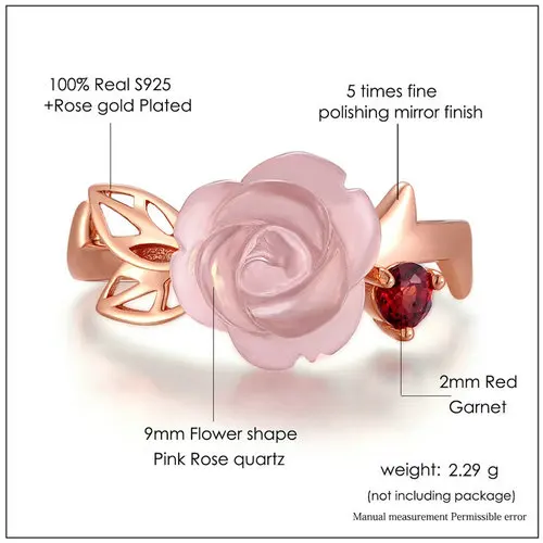 LAMOON Engagement Rings for Women Rose Flower 100% Natural Pink Romantic Rose Quartz 925 Sterling Silver Fine Jewelry Anel RI025 13