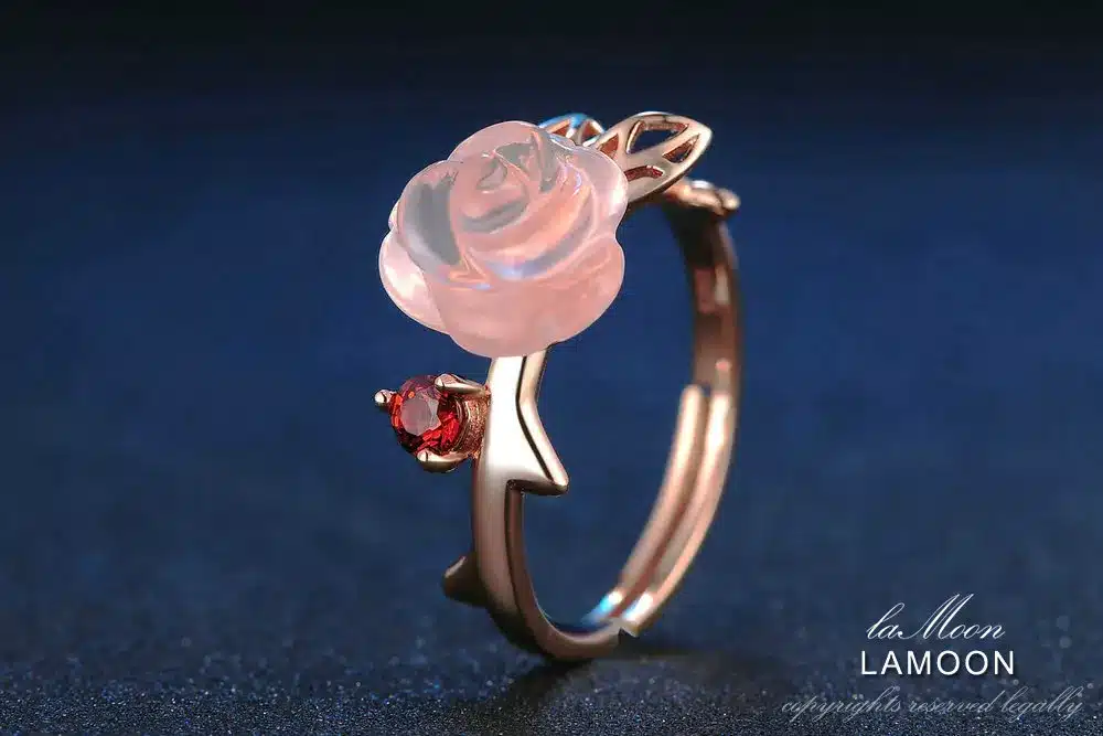 LAMOON Engagement Rings for Women Rose Flower 100% Natural Pink Romantic Rose Quartz 925 Sterling Silver Fine Jewelry Anel RI025 15