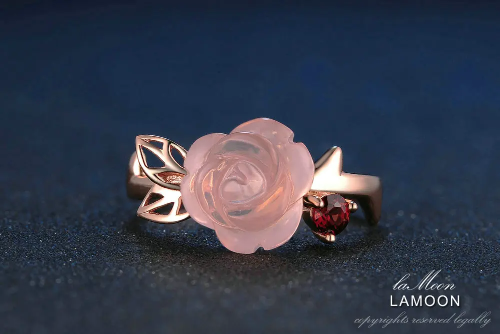 LAMOON Engagement Rings for Women Rose Flower 100% Natural Pink Romantic Rose Quartz 925 Sterling Silver Fine Jewelry Anel RI025 16