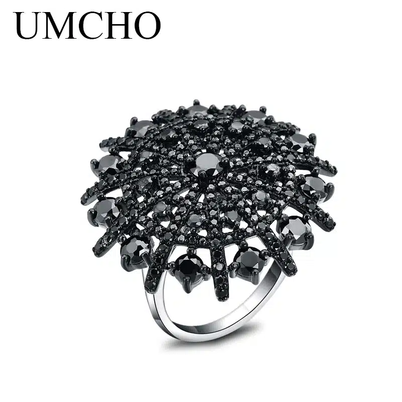 UMCHO Natural Gemstone Black Spinel Ring Solid 925 Sterling Silver Female Rings Women's Christmas Gift Fine Jewelry 9