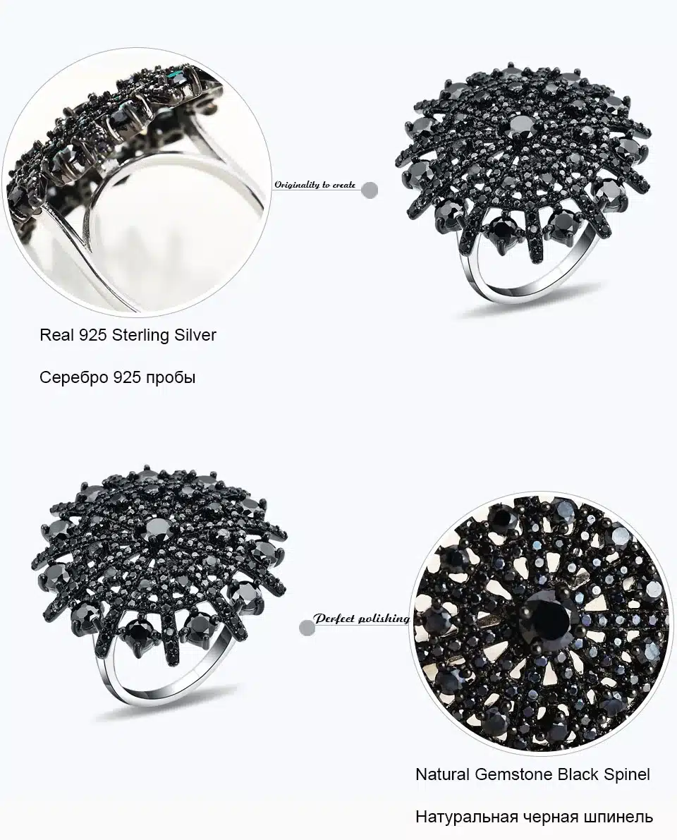 UMCHO Natural Gemstone Black Spinel Ring Solid 925 Sterling Silver Female Rings Women's Christmas Gift Fine Jewelry 11