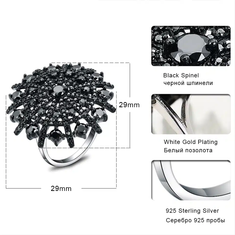 UMCHO Natural Gemstone Black Spinel Ring Solid 925 Sterling Silver Female Rings Women's Christmas Gift Fine Jewelry 18