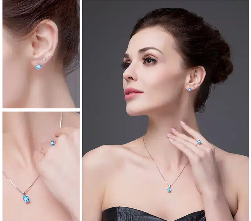 JewelryPalace Oval 5.8ct Natrual Blue Topaz Ring Stud Earrings Pendant Necklace 925 Sterling Silver Jewelry Sets 45cm Box Chain 28