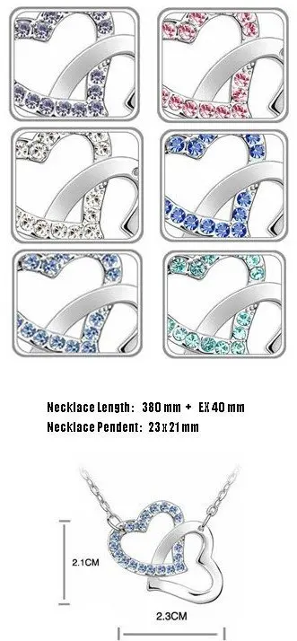 Free Shipping top quality drilling AAAA+ rhinestone 8 colors Necklace Double Heart pendant necklace fashion jewelry top quality 19