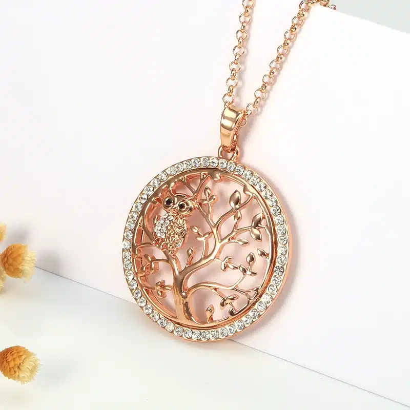 Small Owl Pendant Necklace Tree Of Life Women Rose Gold Silver Color Chain Crystal Long Necklaces & Pendants Jewelry XL07298 22