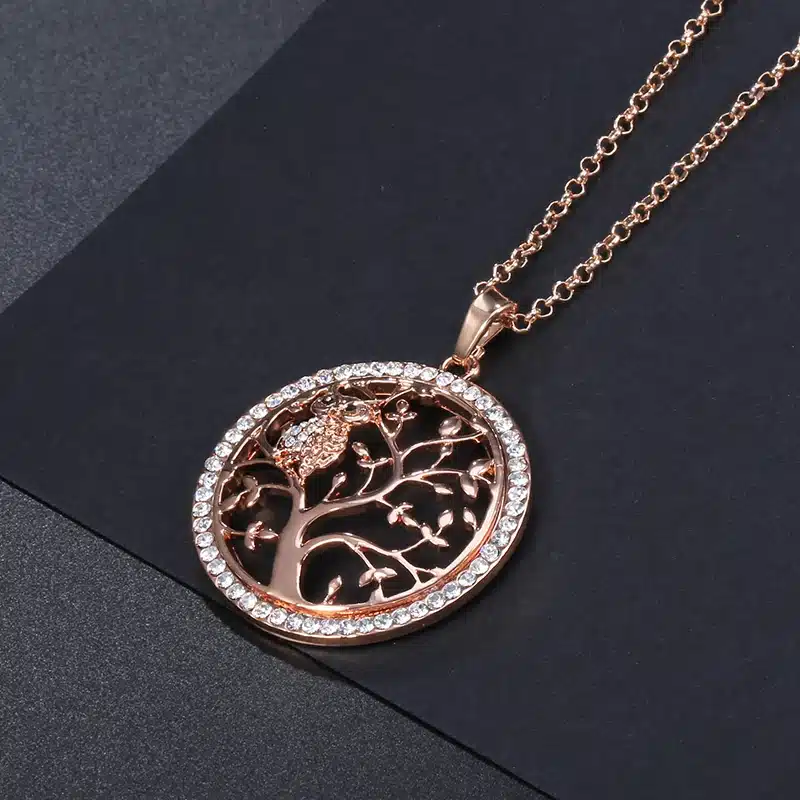 Small Owl Pendant Necklace Tree Of Life Women Rose Gold Silver Color Chain Crystal Long Necklaces & Pendants Jewelry XL07298 25