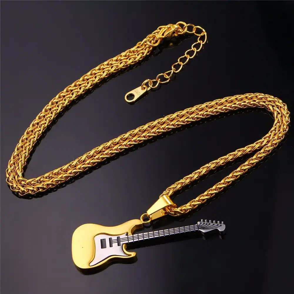 U7 Guitar Necklace For Men/Women Music Lover Gift Black/Gold Color Stainless Steel Pendant & Chain Hip Hop Rock Jewelry P810 14