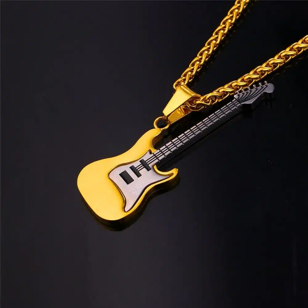 U7 Guitar Necklace For Men/Women Music Lover Gift Black/Gold Color Stainless Steel Pendant & Chain Hip Hop Rock Jewelry P810 16