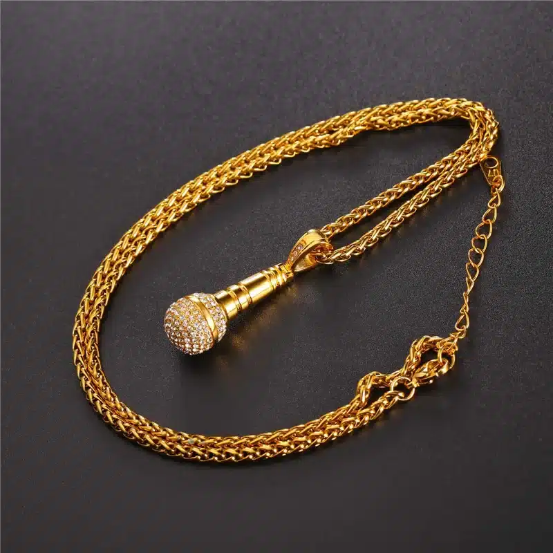U7 Ice Out Chain Necklace Microphone Pendant Men/Women Stainless Steel Gold Color Rhinestone Best Friend Jewelry Hip Hop P1018 16