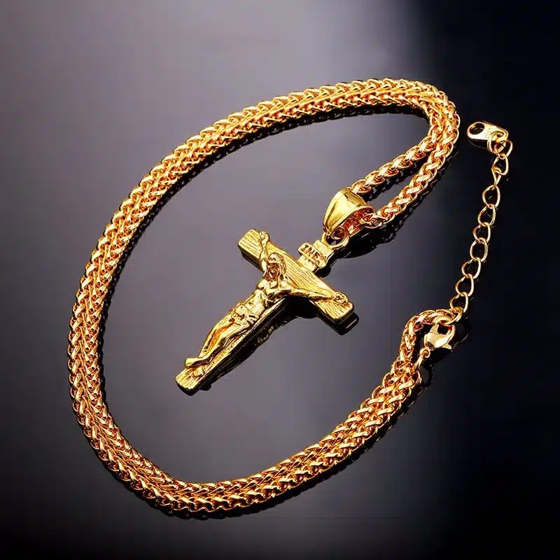 INRI Jesus Piece Crucifix Pendant&Necklace Stainless Steel Yellow Gold Color Chain For Men Gift Vintage Christian Jewelry GP1166 15