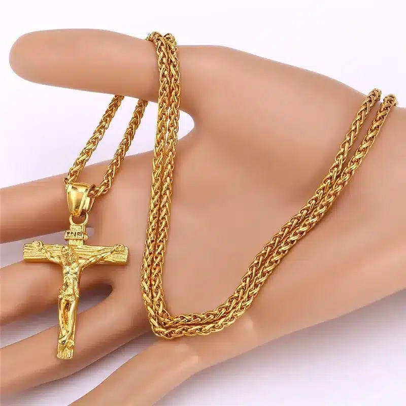 INRI Jesus Piece Crucifix Pendant&Necklace Stainless Steel Yellow Gold Color Chain For Men Gift Vintage Christian Jewelry GP1166 18