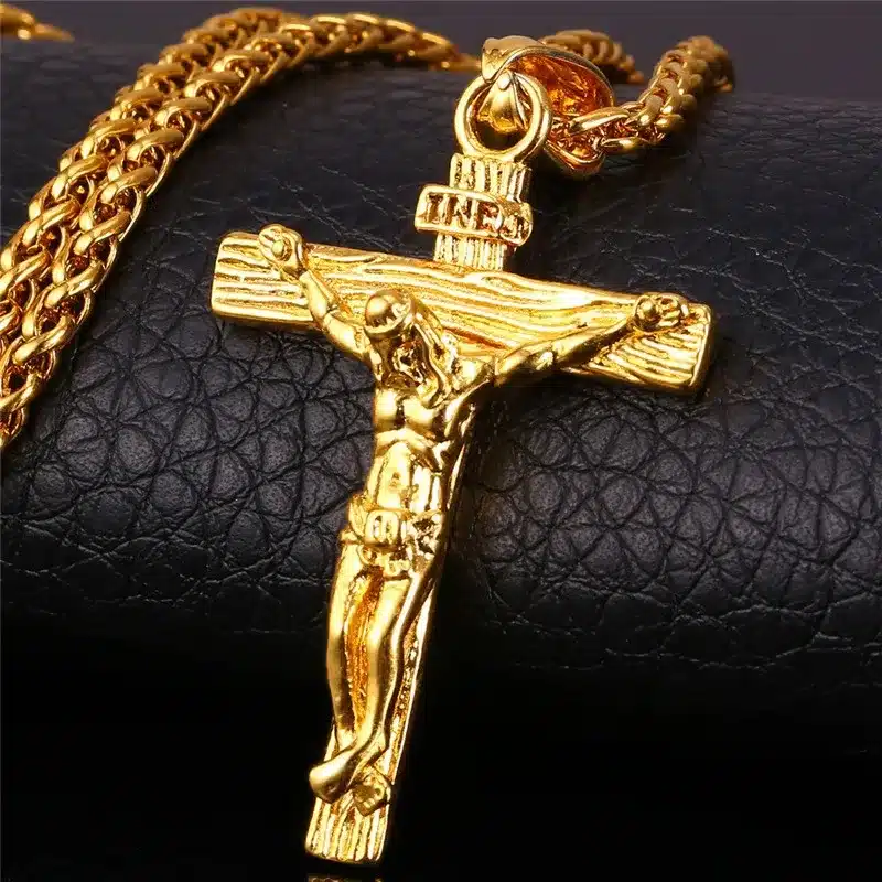 INRI Jesus Piece Crucifix Pendant&Necklace Stainless Steel Yellow Gold Color Chain For Men Gift Vintage Christian Jewelry GP1166 19