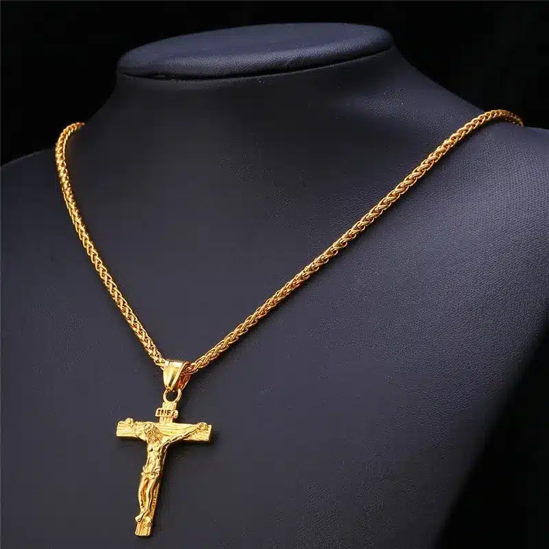 INRI Jesus Piece Crucifix Pendant&Necklace Stainless Steel Yellow Gold Color Chain For Men Gift Vintage Christian Jewelry GP1166 21