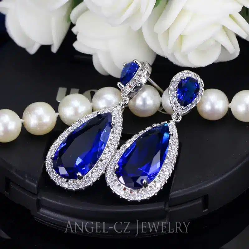 ANEGLCZ Luxury Royal Blue Stone Earring Water Drop Cubic Zirconia Bridal Long Earrings For Women Wedding Party Jewelry AE011 33
