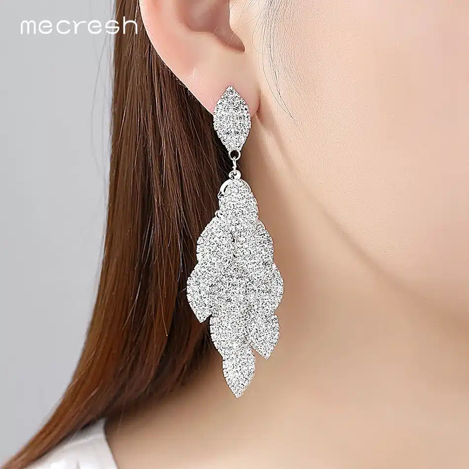 Mecresh Crystal Wedding Long Earrings Silver Color Leaf Shape Rhinestone Bridal Earrings Bridesmaid Party Prom Jewelry EH593 24